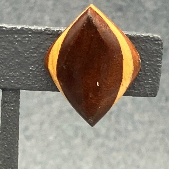 Clip On Earrings As Is Brown Wood Ellipse Football Diamond Dark Light Marquetry - Picture 3 of 6